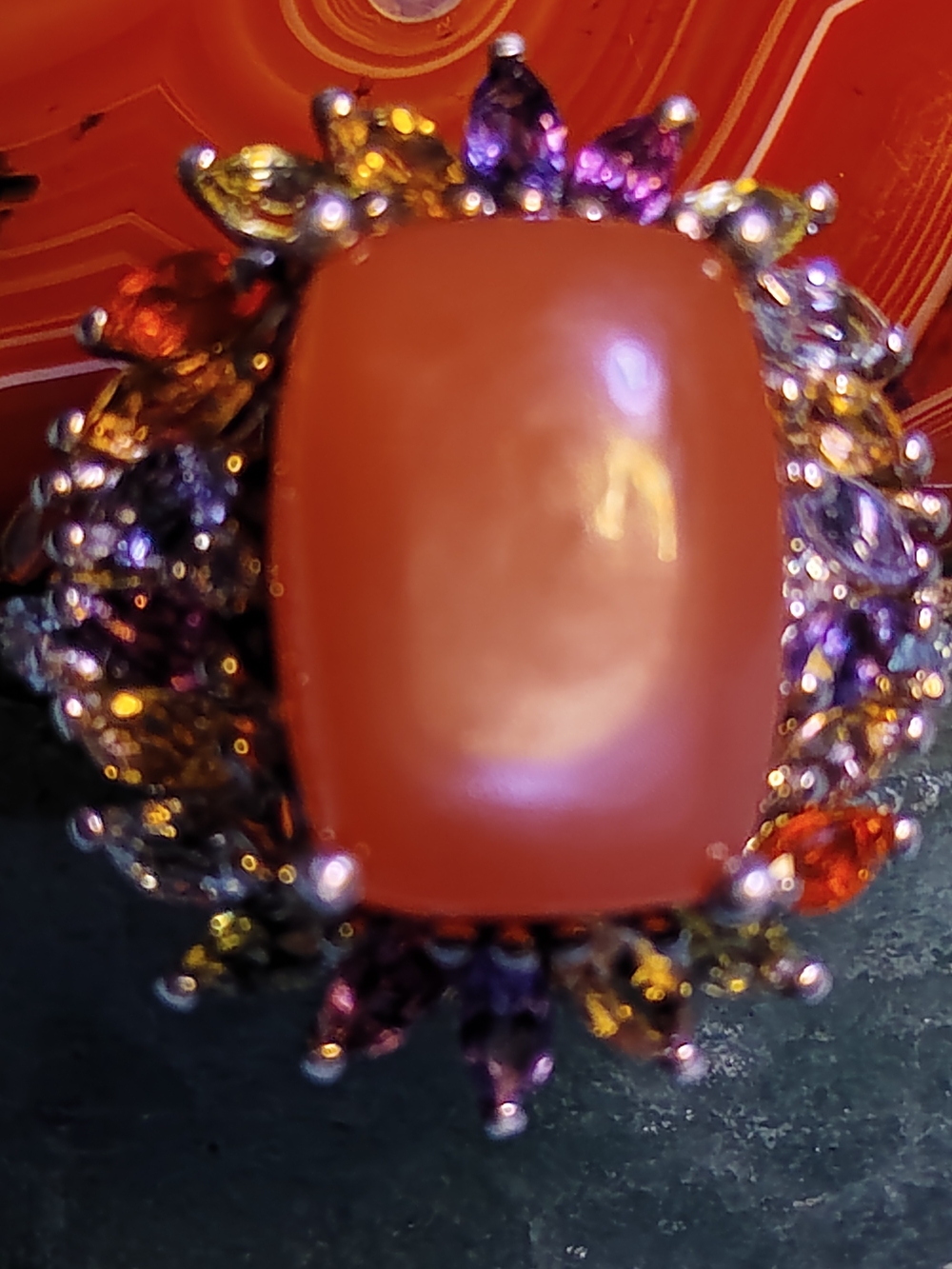 NWT- SOLID STERLING SILVER, PEACH MOONSTONE & MULTI GEMSTONE RING. SIZE 8